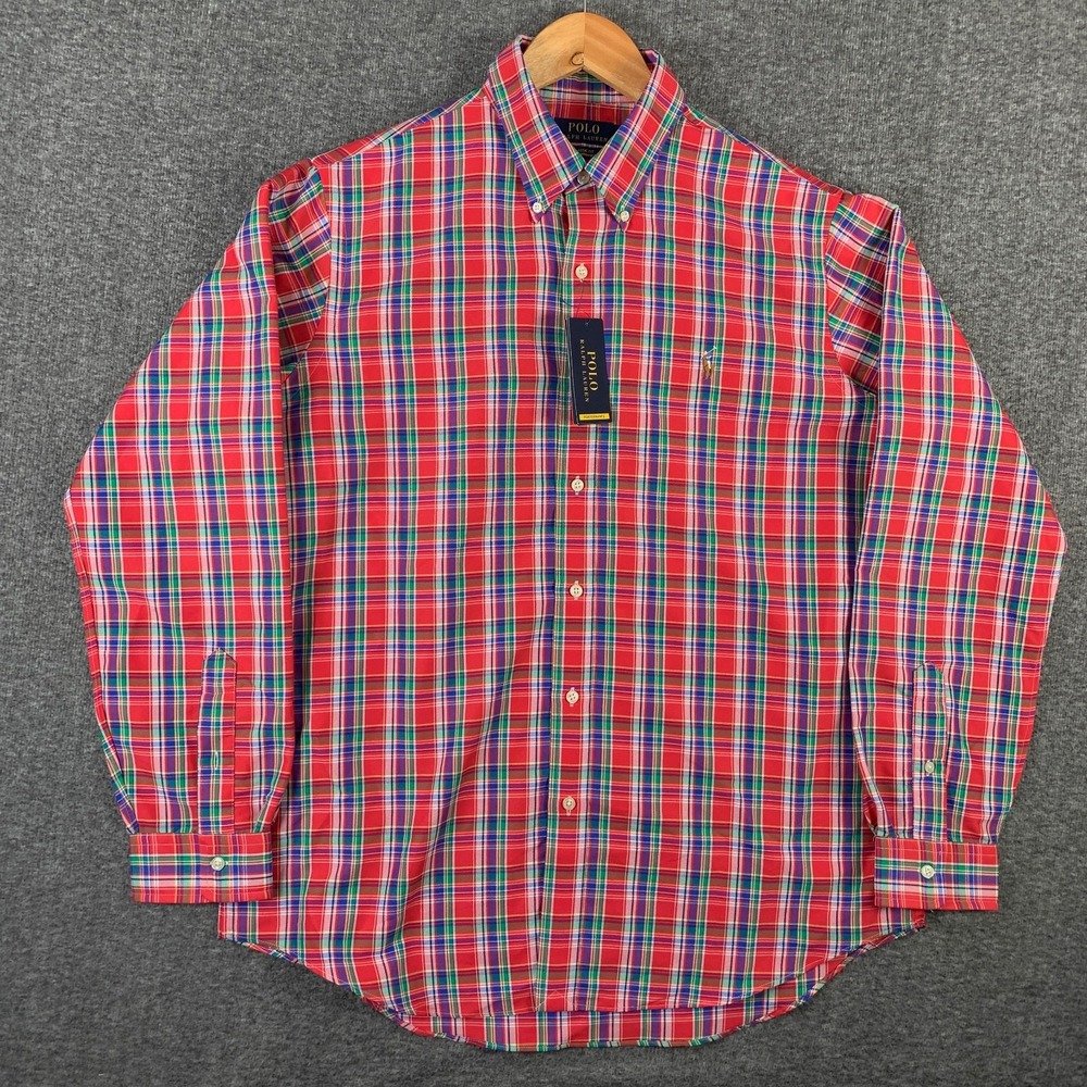 Polo Ralph Lauren Performance Oxford Shirt Men Large Red Plaid Classic NEW